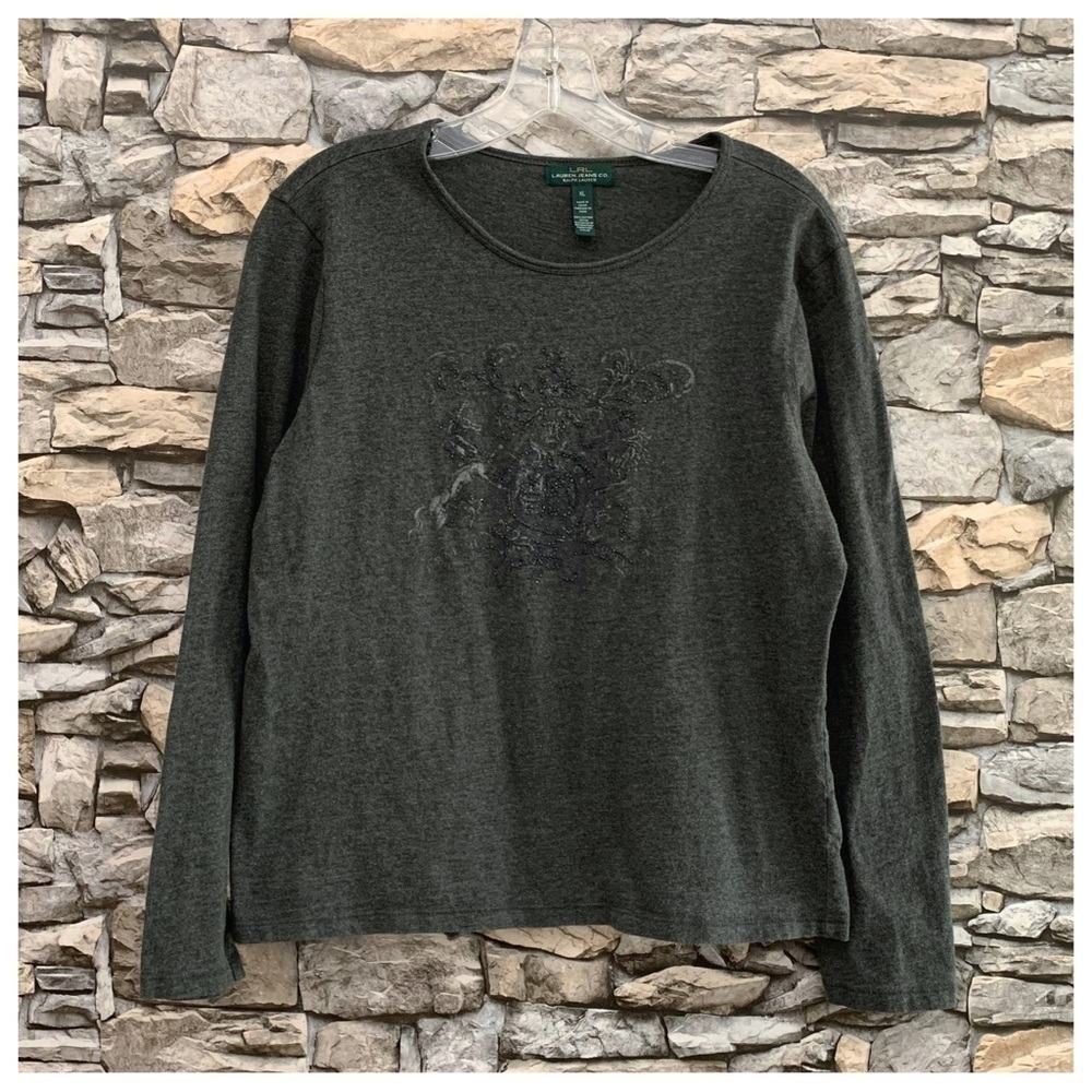 #34 LRL Ralph Lauren Jeans Embellished Beads Logo Gray Top Shirt XL Extra Large